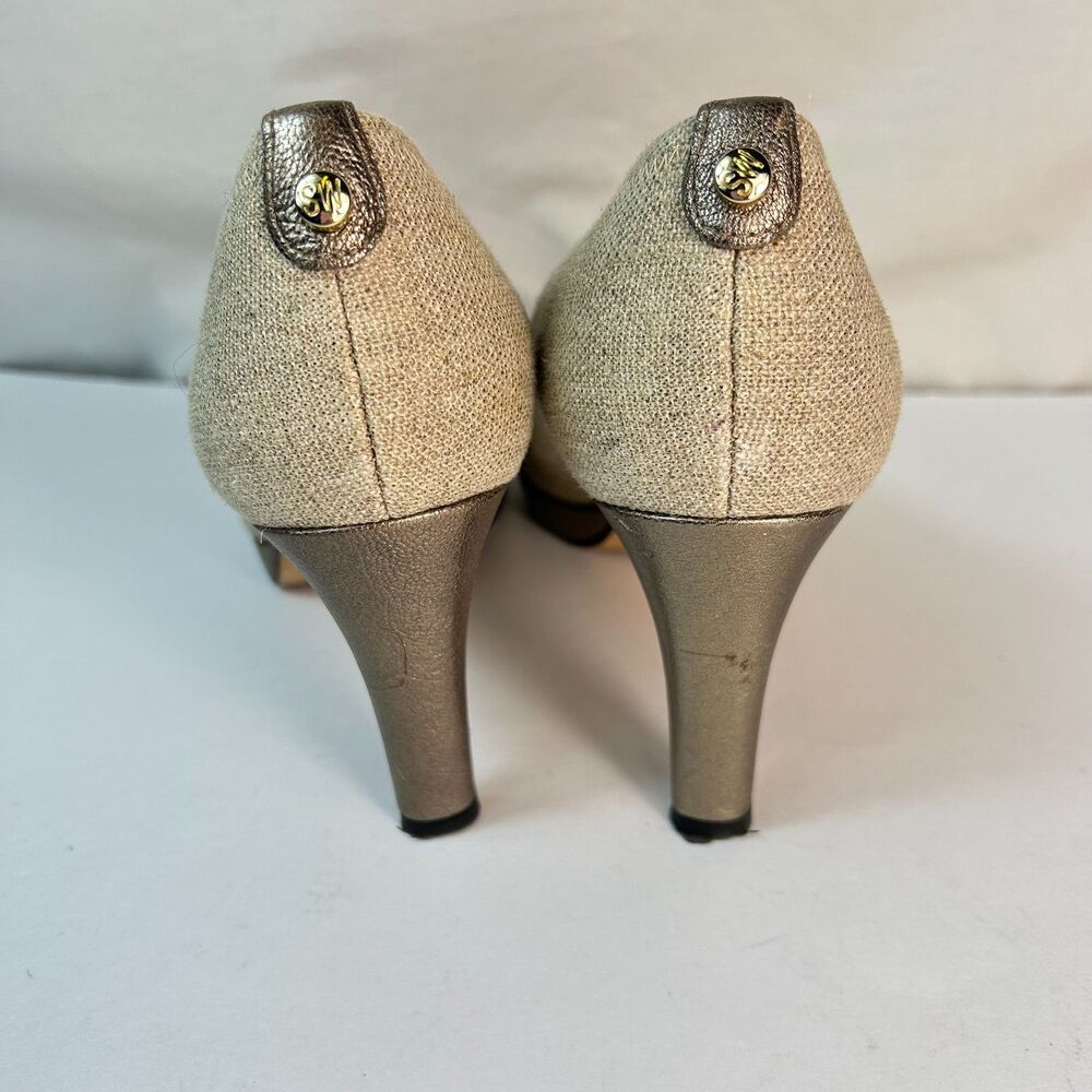 Stuart Weitzman Women's Beige Linen Leather Peep-toe High Heel Pump Size 11 - Picture 8 of 16